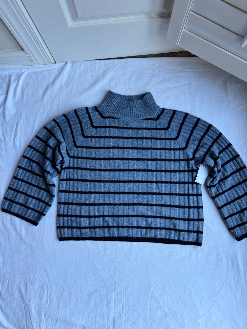 1. State Striped Mock Neck Sweater in Light Blue and Black